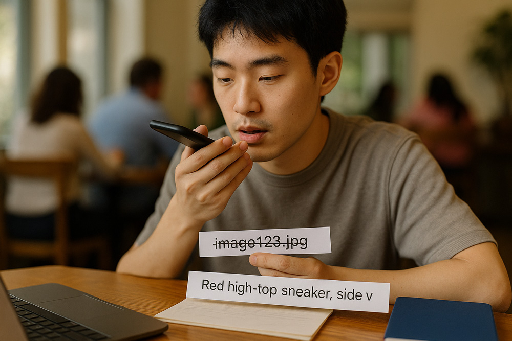 Examples of good and bad alt text next to the same product image and a simple chart