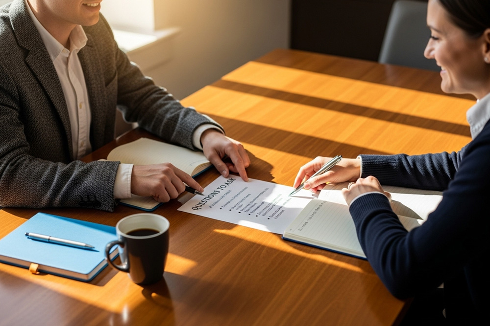 Client and attorney in a relaxed meeting, notepads on the table and a short question list visible