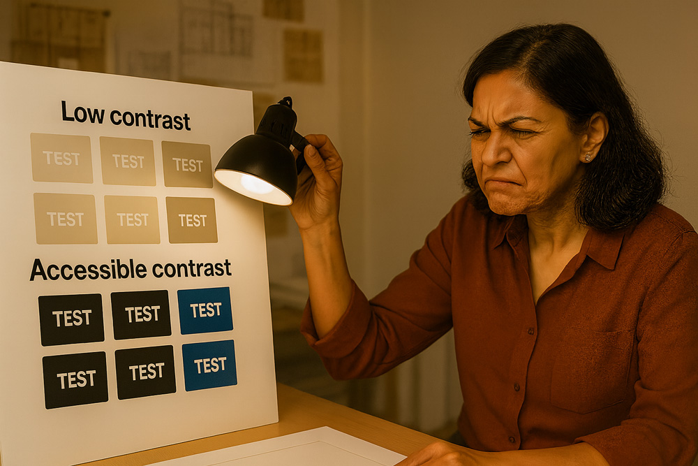 Side-by-side of low-contrast and high-contrast UI elements including buttons, links, and body text, with a visible focus ring