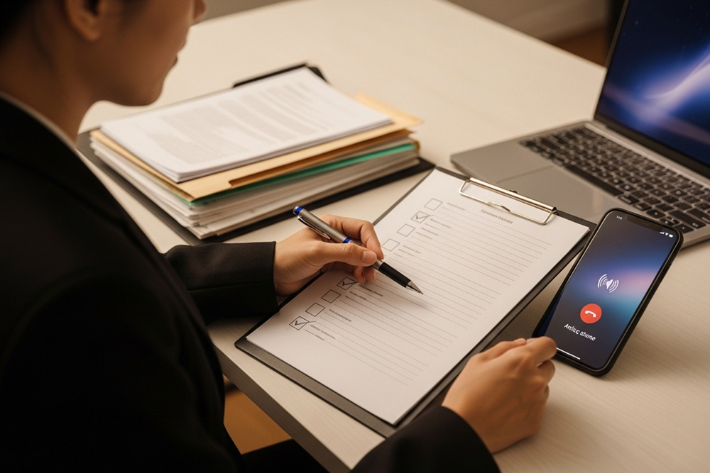 Client at a tidy desk with a checklist clipboard, folder of documents, and a phone on speaker