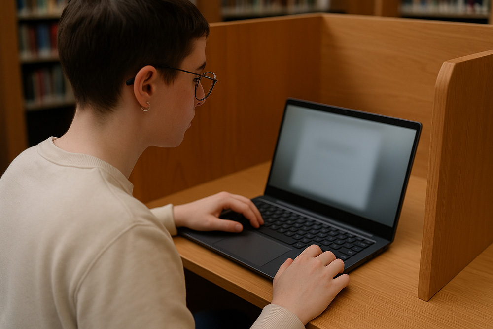 A visible focus ring moving through menu items and form fields on a web page while a keyboard sits beside the laptop