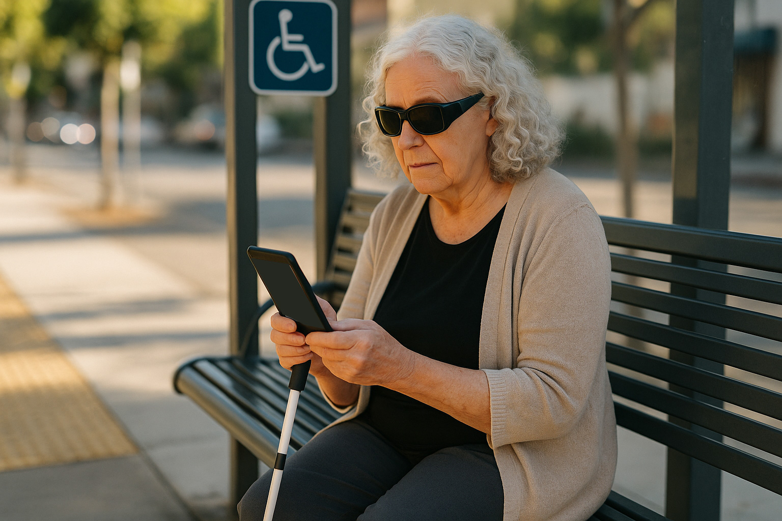 Mobile UI with large touch targets, visible focus indicator, readable text at 200% zoom, and an orientation toggle