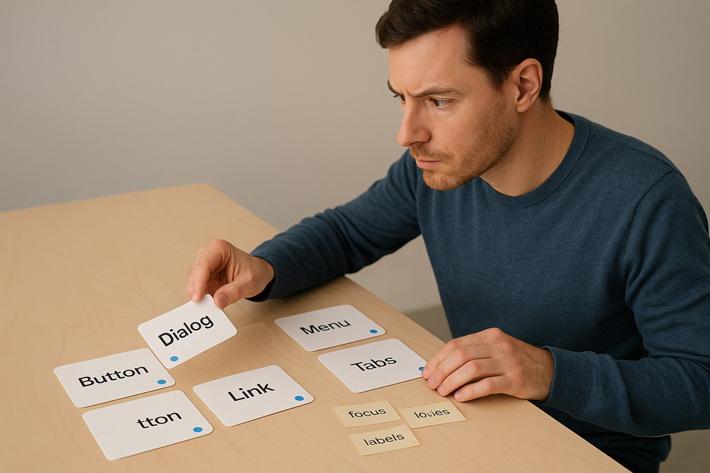 Component grid showing buttons, dialogs, tabs, and menus with annotations for focus, labels, and roles