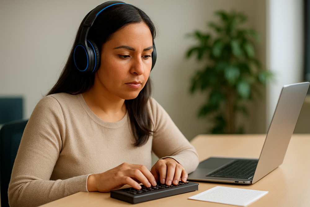 A laptop running a screen reader with focus highlights over a web form alongside code and accessibility tree annotations