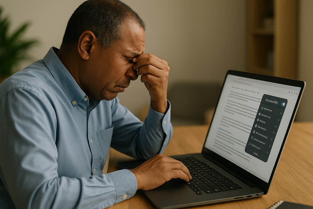 A website with an accessibility widget panel open overlaying an underlying UI that shows missing labels and broken focus order